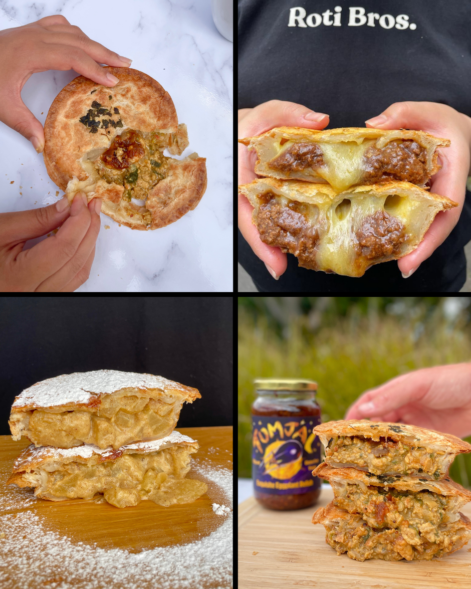 Roti Bros | Pies made with a flaky roti pastry.